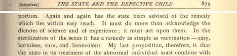 Scanned page excerpt with the running head "The State and the Defective Child," page 879, showing the passage "In the sterilization of the sexes it has a remedy as simple as vaccination".
