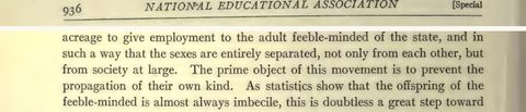 Scanned page excerpt with the running head "National Educational Association," page 936, showing the passage "The prime object of this movement is to prevent the propagation of their own kind".
