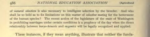 Scanned page excerpt with the running head "National Education Association," page 986, showing the passage "a prophecy of the day when the direct relationship between karyo-kinesis and eugenics will be legally recognized and applied".