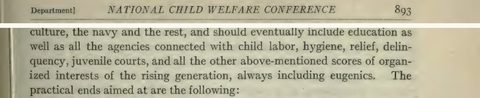 Scanned page excerpt with the running head "National Child Welfare Conference," page 893, showing the passage "always including eugenics".