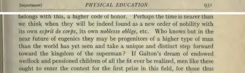 Scanned page excerpt with the running head "Physical Education," page 931, showing the passage "Who knows but in the near future of eugenics" and "Galton's dream of endowed wedlock".