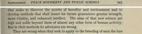 Scanned page excerpt with the running head "Peace Movement and Public Schools," page 247, showing the passage "The aims of that new science are high and noble ... But in their methods its advocates are wrong".