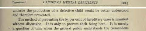 Scanned page excerpt with the running head "Causes of Mental Deficiency," page 1043, showing the passage "The method of preventing the 65 per cent of hereditary cases ... It is only to prevent their being born".