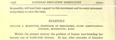 Scanned page excerpt with the running head "National Education Association ... Science," page 1156, showing the title "Eugenics" and byline "William A. McKeever, Professor of Philosophy, State Agricultural College, Manhattan, Kans.".