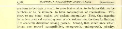Scanned page excerpt with the running head "National Education Association ... School Patrons," page 1328, showing the passage "First, that eugenics be made a practical workaday matter of consideration".
