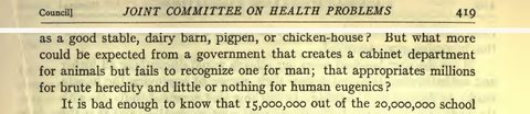 Scanned page excerpt with the running head "Joint Committee on Health Problems," page 419, showing the passage "appropriates millions for brute heredity and little or nothing for human eugenics?".