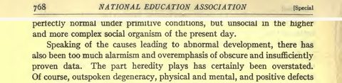 Scanned page excerpt with the running head "National Education Association ... Special," page 768, showing the passage "there has also been too much alarmism and overemphasis of obscure and insufficiently proven data. The part heredity plays has certainly been overstated".