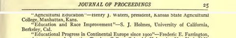 Scanned page excerpt with the running head "Journal of Proceedings," page 25, showing the program line "Education and Race Improvement"—S. J. Holmes, University of California, Berkeley, Cal.