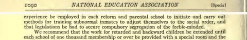 Scanned page excerpt with the running head "National Education Association ... Special," page 1090, showing the passage "that legislations be had to secure compulsory segregation of the feeble-minded".