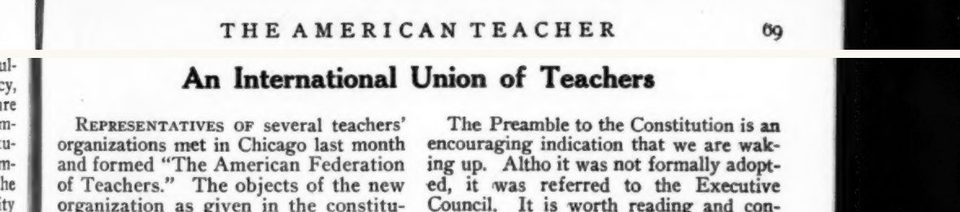 Scanned page excerpt with the running head "The American Teacher," page 69, under the heading "An International Union of Teachers", showing the passage "Representatives of several teachers' organizations met in Chicago last month and formed 'The American Federation of Teachers.'".