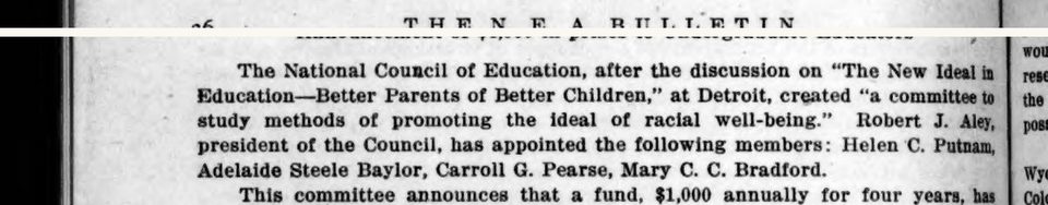 Scanned page excerpt with the running head "The N.E.A. Bulletin," page 36, showing the passage "created 'a committee to study methods of promoting the ideal of racial well-being'" and the members' names, Helen C. Putnam first.