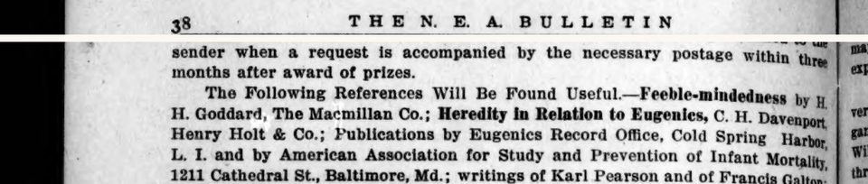 Scanned page excerpt with the running head "The N.E.A. Bulletin," page 38, showing the passage "The Following References Will Be Found Useful," listing "Heredity in Relation to Eugenics, C. H. Davenport" and "Publications by Eugenics Record Office, Cold Spring Harbor".