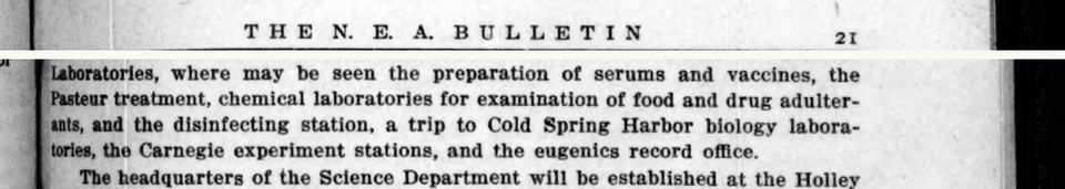 Scanned page excerpt with the running head "The N.E.A. Bulletin," page 21, showing the passage "a trip to Cold Spring Harbor biology laboratories, the Carnegie experiment stations, and the eugenics record office".