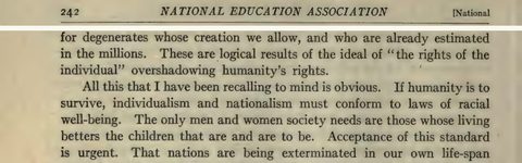 Scanned page excerpt with the running head "National Education Association ... National," page 242, showing the passage "If humanity is to survive, individualism and nationalism must conform to laws of racial well-being".