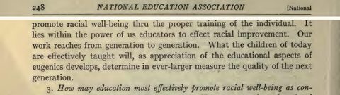 Scanned page excerpt with the running head "National Education Association ... National," page 248, showing the passage "What the children of today are effectively taught will, as appreciation of the educational aspects of eugenics develops, determine ... the quality of the next generation".