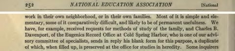 Scanned page excerpt with the running head "National Education Association ... National," page 252, showing the passage "Charles B. Davenport, of the Eugenics Record Office at Cold Spring Harbor, who is one of our advisory committee of specialists, sends in reply his blank form".