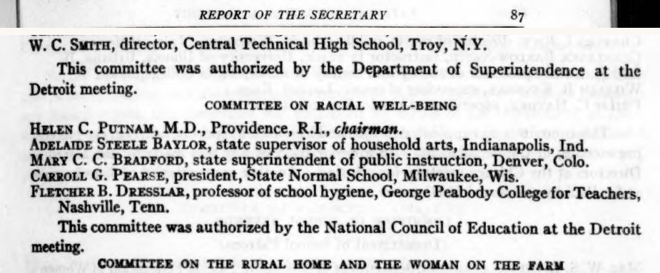 Scanned page excerpt with the running head "Report of the Secretary," page 87, showing the heading "Committee on Racial Well-Being," the members' names beginning "Helen C. Putnam, M.D., Providence, R.I., chairman," and "This committee was authorized by the National Council of Education at the Detroit meeting".