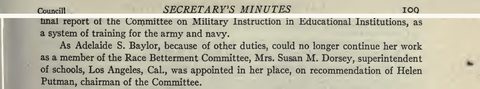 Scanned page excerpt with the running head "Secretary's Minutes," page 109, showing the passage "As Adelaide S. Baylor ... could no longer continue her work as a member of the Race Betterment Committee, Mrs. Susan M. Dorsey ... was appointed in her place".