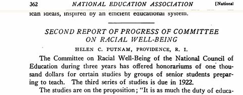 Scanned page excerpt with the running head "National Education Association ... National," page 362, showing the heading "Second Report of Progress of Committee on Racial Well-Being" and the byline "Helen C. Putnam, Providence, R. I.".