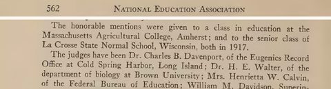Scanned page excerpt with the running head "National Education Association," page 562, showing the passage "The judges have been Dr. Charles B. Davenport, of the Eugenics Record Office at Cold Spring Harbor, Long Island".