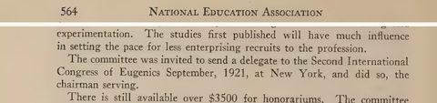 Scanned page excerpt with the running head "National Education Association," page 564, showing the passage "The committee was invited to send a delegate to the Second International Congress of Eugenics September, 1921, at New York, and did so, the chairman serving".
