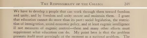 Scanned page excerpt with the running head "The Responsibility of the College," page 249, showing the passage "at least eugenic intelligence if not measures of eugenic control—these and many other efforts must supplement what education can do".