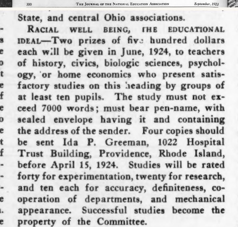 Scanned page excerpt with the running head "The Journal of the National Education Association, September, 1923," page 300, showing the passage "Racial well being, the educational ideal—Two prizes of five hundred dollars each will be given in June, 1924".