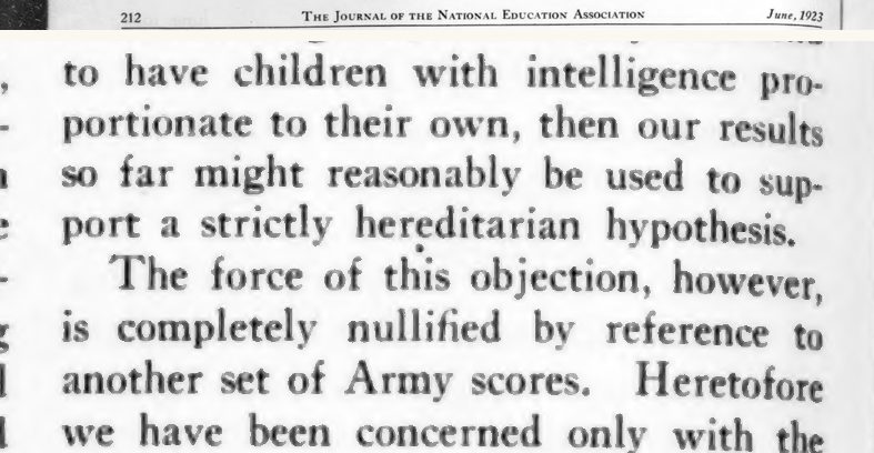 Scanned page excerpt with the running head "The Journal of the National Education Association, June, 1923," page 212, showing the passage "our results so far might reasonably be used to support a strictly hereditarian hypothesis. The force of this objection, however, is completely nullified".