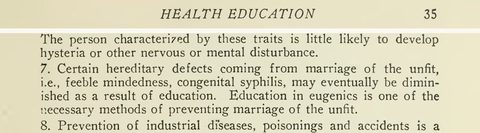 Scanned page excerpt with the running head "Health Education," page 35, showing the passage "Education in eugenics is one of the necessary methods of preventing marriage of the unfit".