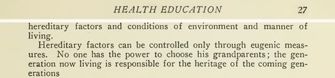 Scanned page excerpt with the running head "Health Education," page 27, showing the passage "Hereditary factors can be controlled only through eugenic measures".