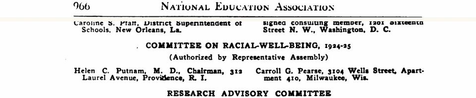 Scanned page excerpt with the running head "National Education Association," page 966, showing the heading "Committee on Racial-Well-Being, 1924-25 (Authorized by Representative Assembly)" with "Helen C. Putnam, M. D., Chairman" and "Carroll G. Pearse".