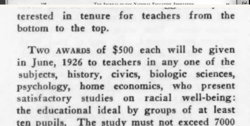 Scanned page excerpt with the partly cut running head of the Journal of the National Education Association, page 108, showing the passage "Two awards of $500 each will be given in June, 1926 ... who present satisfactory studies on racial well-being: the educational ideal".