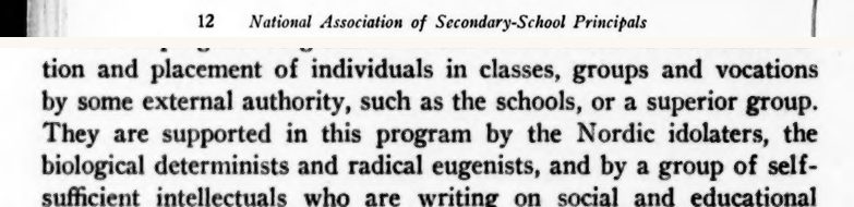 Scanned page excerpt with the running head "National Association of Secondary-School Principals," page 12, showing the passage "They are supported in this program by the Nordic idolaters, the biological determinists and radical eugenists".