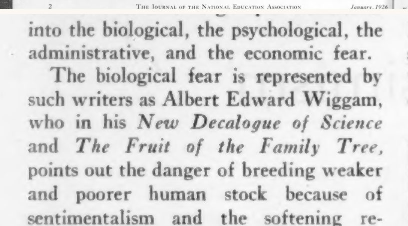 Scanned page excerpt with the running head "The Journal of the National Education Association, January, 1926," page 2, showing the passage "The biological fear is represented by such writers as Albert Edward Wiggam".