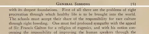 Scanned page excerpt with the running head "General Sessions," page 151, showing the passage "The schools must accept their share of the responsibility for race culture through right breeding".