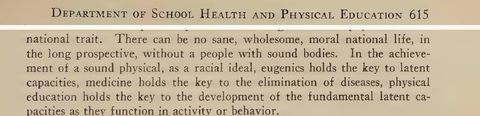 Scanned page excerpt with the running head "Department of School Health and Physical Education," page 615, showing the passage "In the achievement of a sound physical, as a racial ideal, eugenics holds the key to latent capacities".