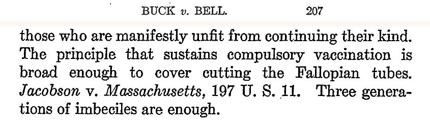 Page 207 of United States Reports, vol. 274, from the Buck v. Bell opinion, with the sentence "Three generations of imbeciles are enough."