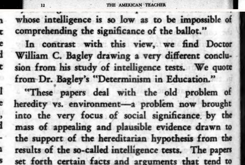 Scanned page excerpt with the running head "The American Teacher," page 12, showing the passage "In contrast with this view, we find Doctor William C. Bagley drawing a very different conclusion from his study of intelligence tests".