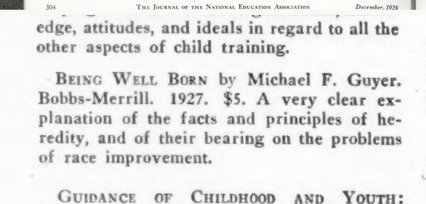 Scanned page excerpt with the running head "The Journal of the National Education Association, December, 1928," page 304, showing the entry "Being Well Born by Michael F. Guyer ... A very clear explanation of the facts and principles of heredity, and of their bearing on the problems of race improvement".