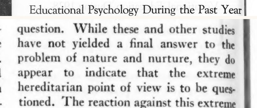 Scanned page excerpt with the running head "Educational Psychology During the Past Year", showing the passage "they do appear to indicate that the extreme hereditarian point of view is to be questioned".