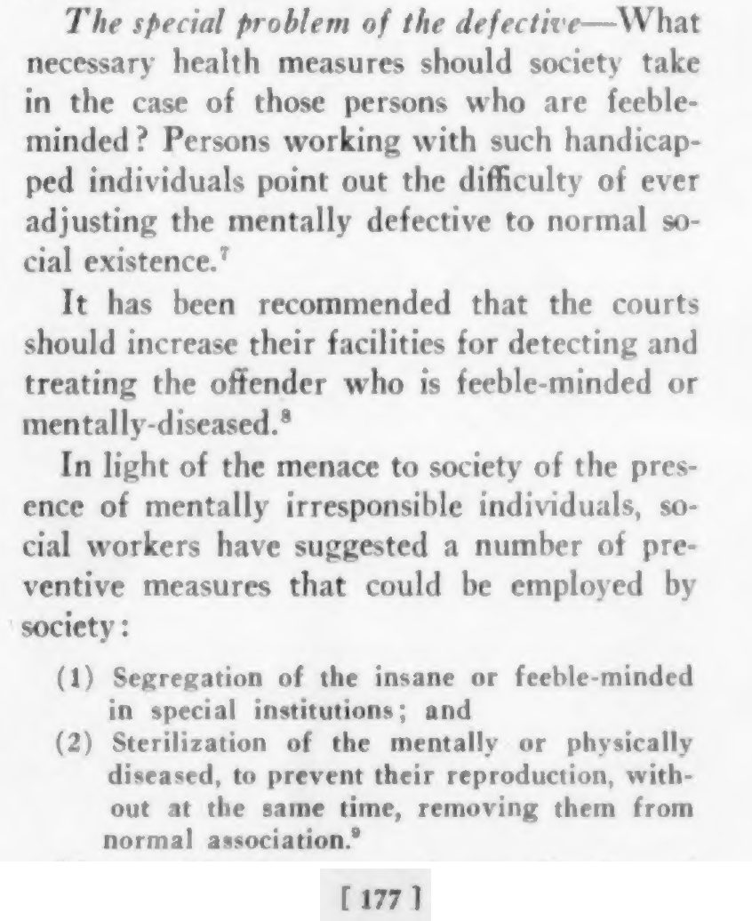 Scanned page excerpt with the italic heading "The special problem of the defective" and page number 177, showing the list of measures social workers suggested, including "(2) Sterilization of the mentally or physically diseased, to prevent their reproduction".