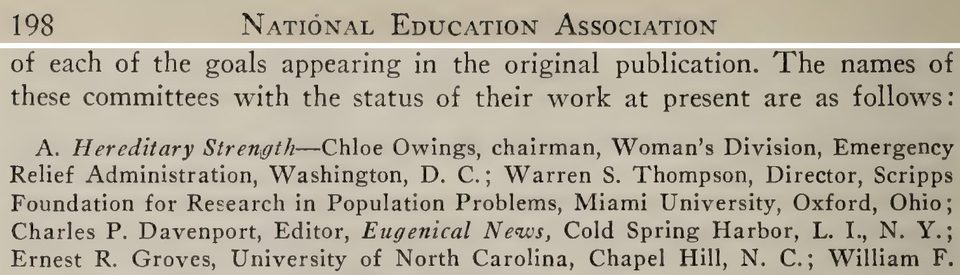 Scanned page excerpt with the running head "National Education Association," page 198, showing the committee listing "A. Hereditary Strength—Chloe Owings, chairman" with "Charles P. Davenport, Editor, Eugenical News, Cold Spring Harbor, L. I., N. Y.". The name is misprinted on the page; the person listed is C. B. Davenport.