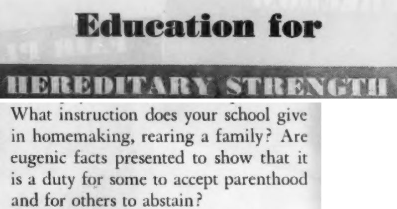 Scanned page excerpt with the display title "Education for Hereditary Strength", showing the passage "Are eugenic facts presented to show that it is a duty for some to accept parenthood and for others to abstain?".