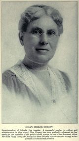 Halftone portrait of Susan Miller Dorsey, an older woman with gray hair and wire-rimmed glasses, wearing a light dress with a wide lace collar; the printed caption below identifies her as Superintendent of Schools, Los Angeles.