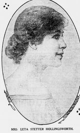 Newspaper halftone of Leta Stetter Hollingworth in right profile with her hair gathered up, inside an oval frame; the caption below, misspelled in the original, reads "Mrs. Leta Stetter Hollingsworth."