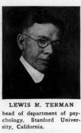 Halftone head-and-shoulders photograph of Lewis M. Terman wearing round glasses, a dark suit and white collar; the printed caption below reads "Lewis M. Terman, head of department of psychology, Stanford University, California."