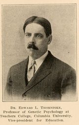 Halftone portrait of Edward L. Thorndike, a man with dark parted hair and a mustache, in a suit and tie; the printed caption below names him Professor of Genetic Psychology at Teachers College, Columbia University, and AAAS Vice-president for Education.