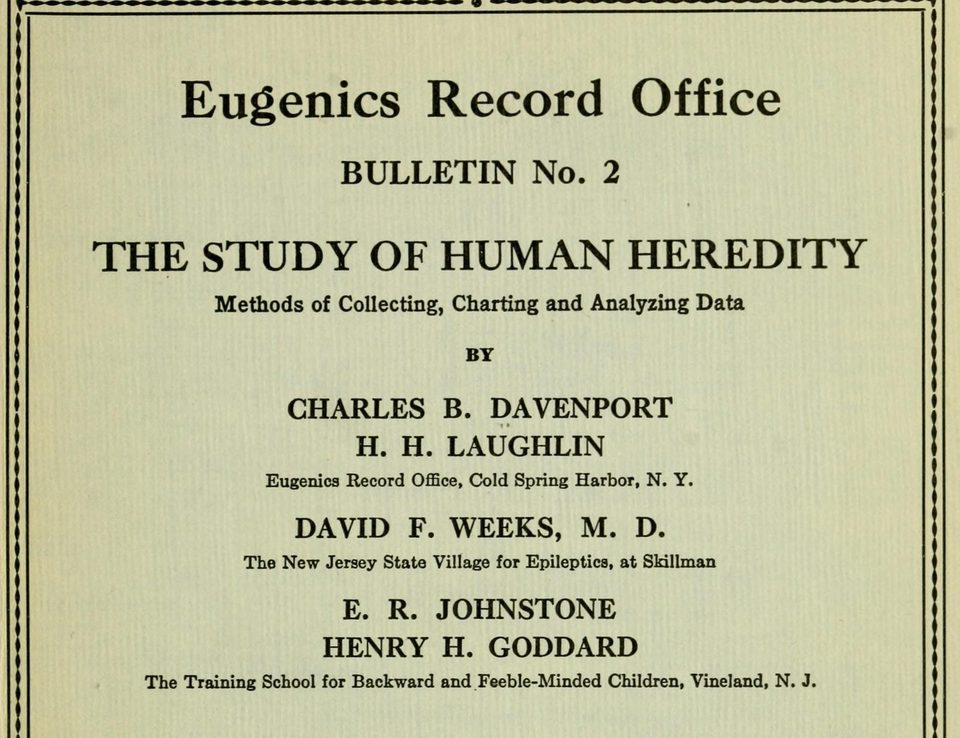 Title page of Eugenics Record Office Bulletin No. 2, "The Study of Human Heredity," listing authors Charles B. Davenport, H. H. Laughlin, David F. Weeks, E. R. Johnstone and Henry H. Goddard, Cold Spring Harbor, May 1911.